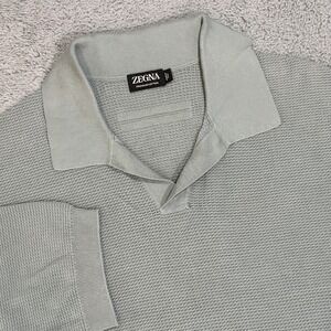 Zegna Premium Men's 50R Cotton Waffle Knit Polo Shirt Sage Green with Grey Tone